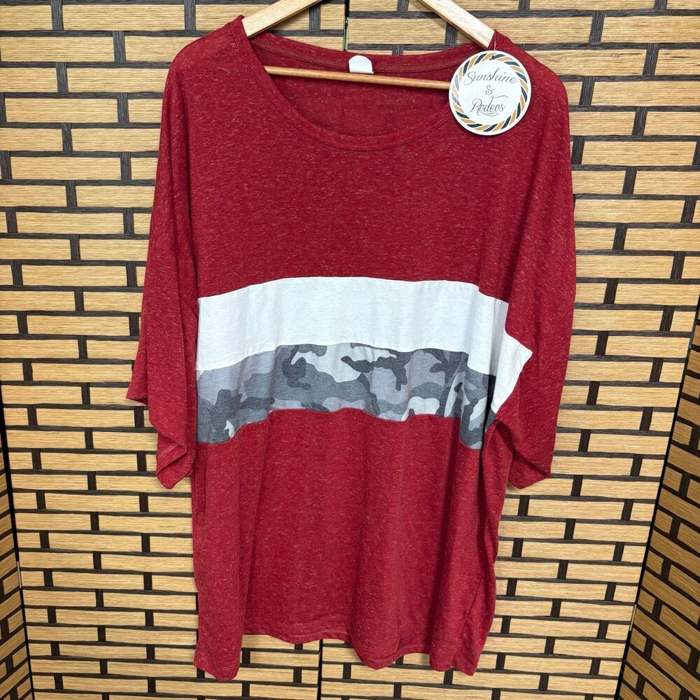 Sunshine & Rodeos Burgundy Camo Stripe Top Size 3X‎